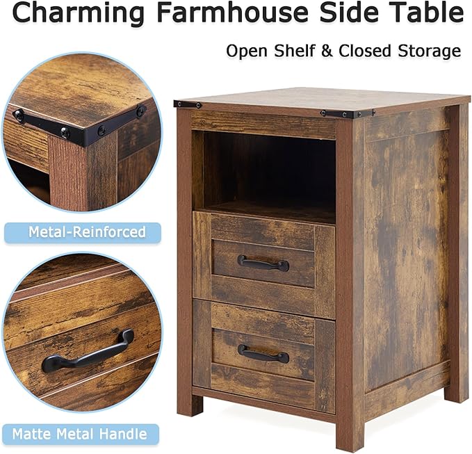 Brown Rustic Night Stand Set of 2, Farmhouse End Table, Modern Bedside Table - Image 6