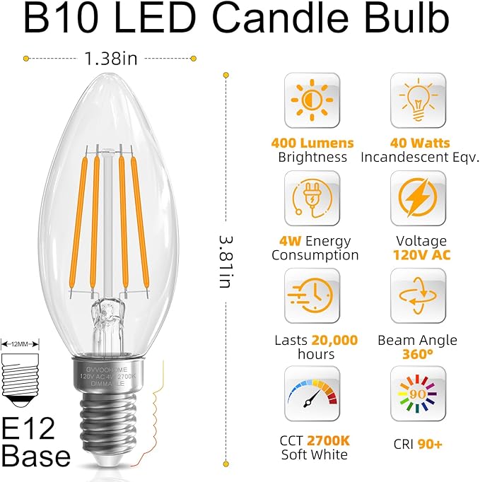 GvvooHome LED Candelabra Light Bulbs 40 watt Equivalent, Dimmable E12 LED Bulb - Image 2