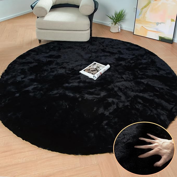 Black Round Area Rug 5ft Washable Faux Fluffy Fur Rug by ORINOVA