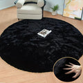 Black Round Area Rug 5ft Washable Faux Fluffy Fur Rug by ORINOVA