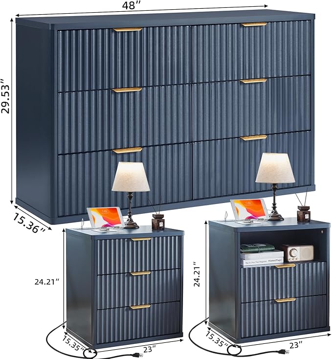 LEYAOYAO 48" Wide Fluted Dresser and 23" Nightstand Set of 2, Wooden Dresser & - Image 3