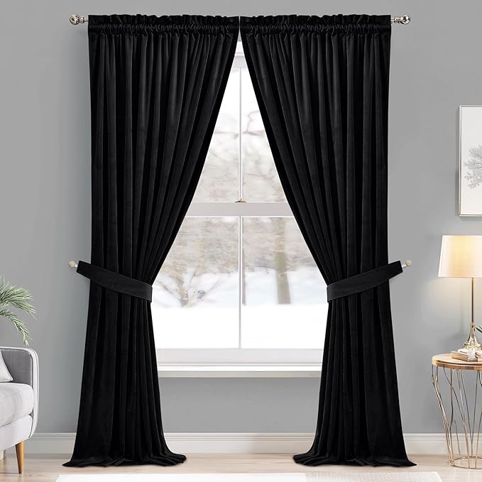 StangH Black Blackout Velvet Curtains 90 inches Long Thick Heavy Privacy - Image 2