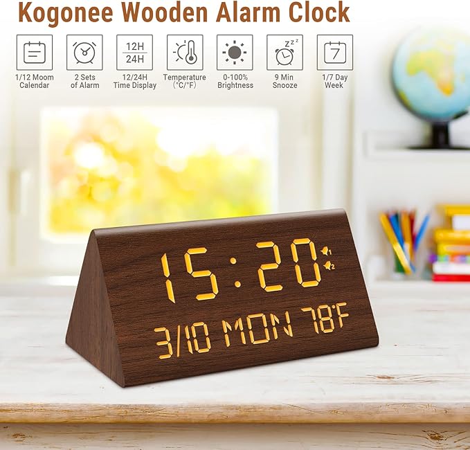 Kogonee Wooden Digital Alarm Clock, 0-100% Dimmer, 2 Alarm Settings, - Image 7