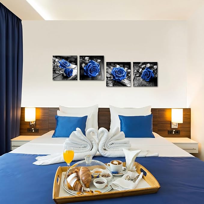 VANSEEING 4 Pieces Blue and Black Rose Flower Canvas Wall Art Floral Pictures - Image 7