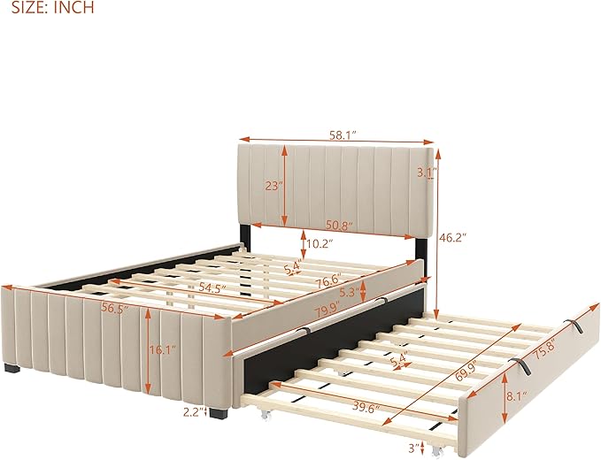 Full Bed Frame with Trundle Bed, Velvet Upholstered Platform Bed Frame - Image 2