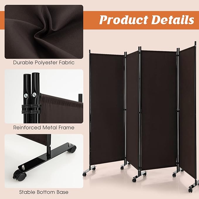 GOFLAME 4 Panel Folding Room Divider, 6FT Rolling Privacy Screen - Image 4
