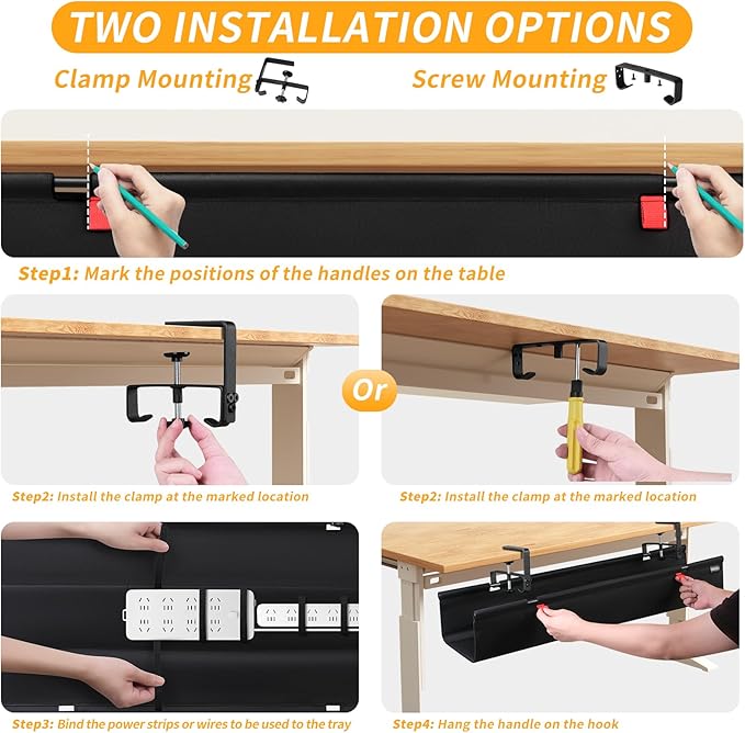 No Drill Under Desk Cable Management Tray, Fabric Cable Management - Image 7