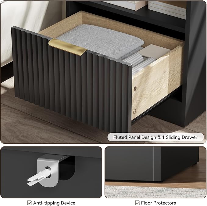 3-Piece Fluted Black Dresser and Nightstand Set, 63” Wide Bedroom Dresser Set - Image 6
