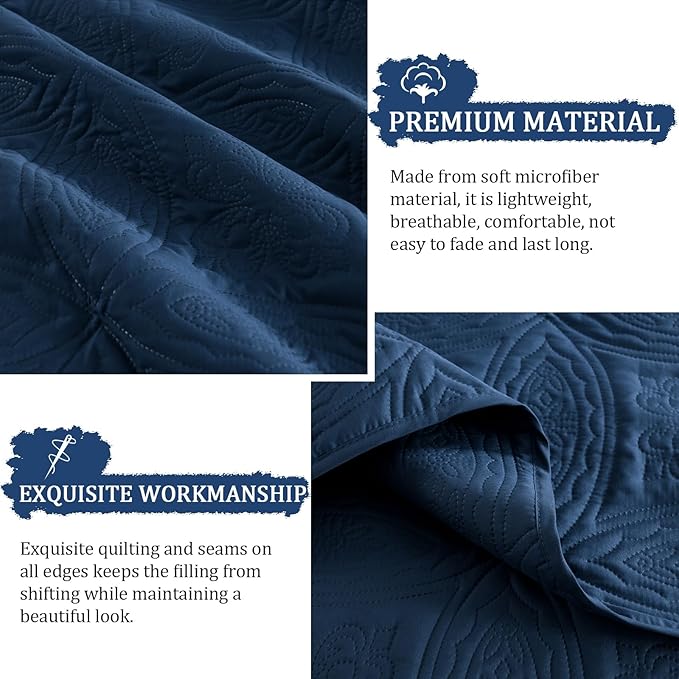 Yiran Navy Blue Quilt Set King Size Lightweight Bedspread Embossed Pattern Soft - Image 6