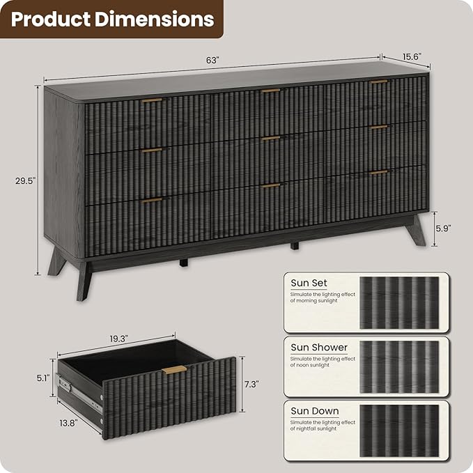 63'' Wide 9 Drawers Dresser for Bedroom, Modern Fluted Vertical Chest - Image 2