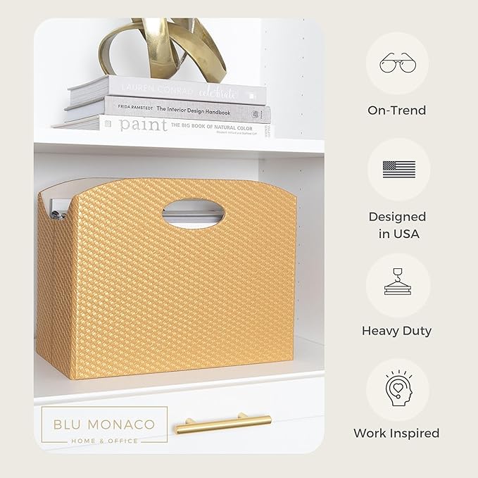 BLU MONACO | Gold Magazine Holder | Woven PVC Leather Organizer - Image 2