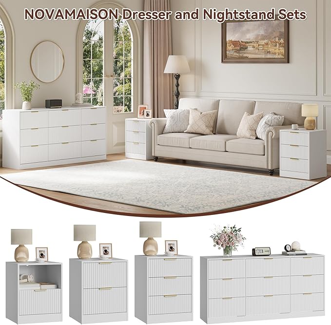 9 Drawer Fluted Dresser & Nightstand Set 3-Piece, 63” Long Dresser and Night - Image 4