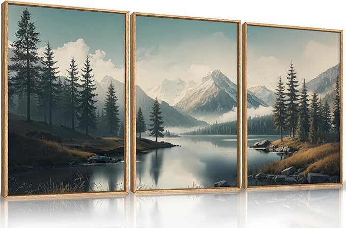 LHIUEM Large Mountain Misty Forest Framed Canvas Wall Art, Nature Ridge Foggy by LHIUEM