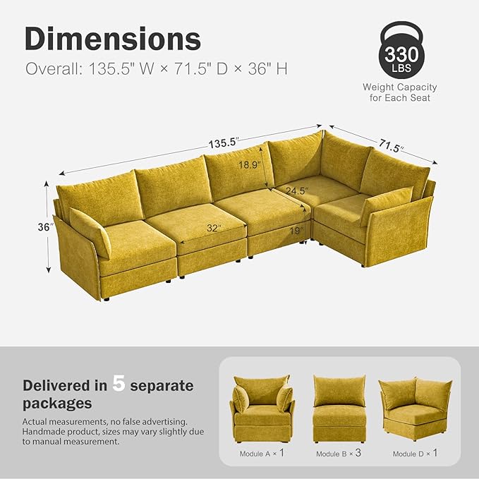 ABCASA 135.5" Oversized Modular Sectional Sofa, L Shaped Convertible Couch - Image 2