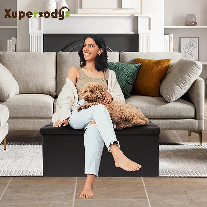 xupersodys 30 Inches Folding Storage Ottoman Bench, Faux Leather Footstool - Image 2