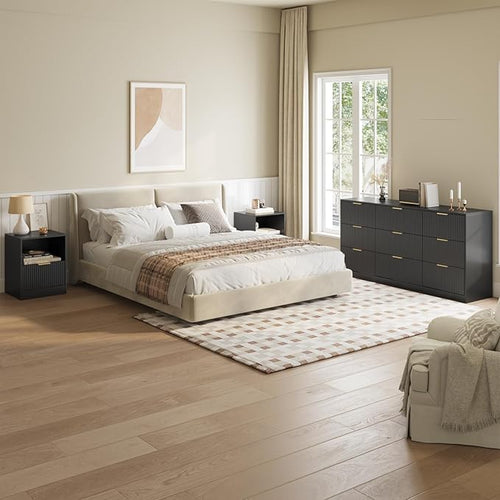 3-Piece Fluted Black Dresser and Nightstand Set, 63” Wide Bedroom Dresser Set - Image 2