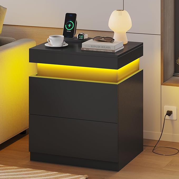 ADORNEVE Black Nightstand with Charging Station and LED Lights, Night Stand - Image 5