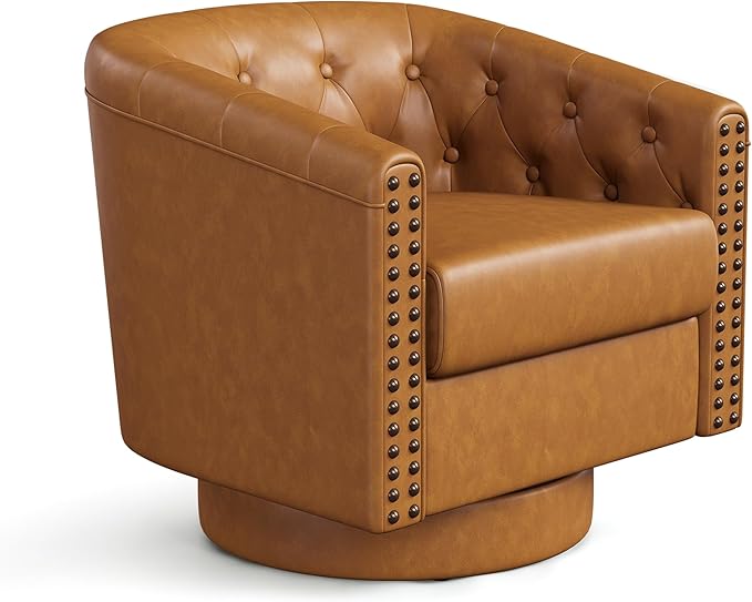 Swivel Barrel Accent Chair, Round Nailhead Faux Leather Living Room Arm Chairs - Image 9