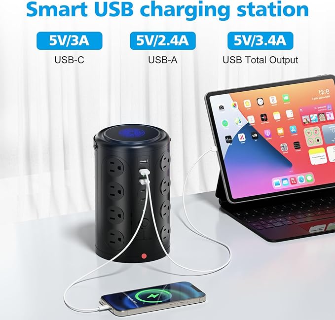 Tower Power Strip with 15W Wireless Charger, 20FT Extension Cord, 16 AC Outlets - Image 4