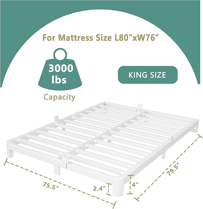 ITIMIDI 4 Inch White King Size Bed Frame, Metal Platform Bed Frames - Image 2