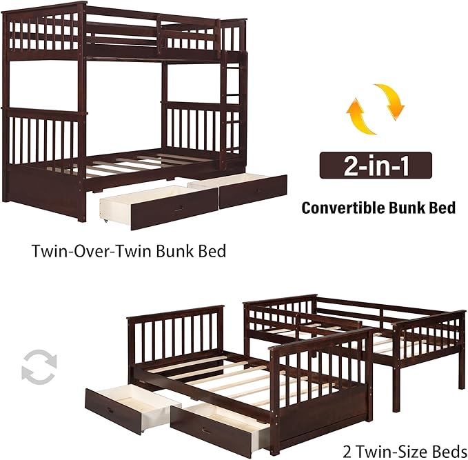 Merax Wood Bunk Bed with Drawers, Convertible Wood Bunk Bed with Ladders and - Image 5