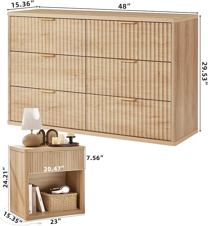 LEYAOYAO 48" Wide Fluted Dresser and 1 Drawers 23" Nightstand Set of 2 - Image 3