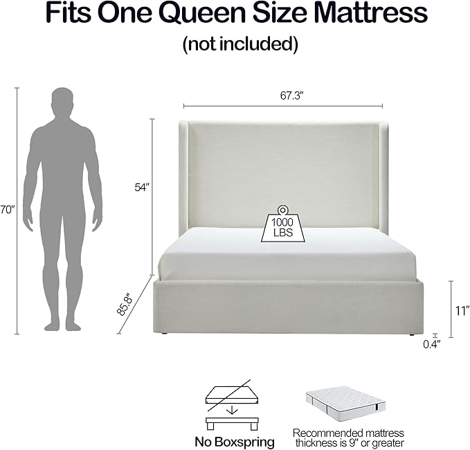 Queen Size Upholstered Bed Frame, Harper 54" Tall Headboard Platform Beds - Image 2