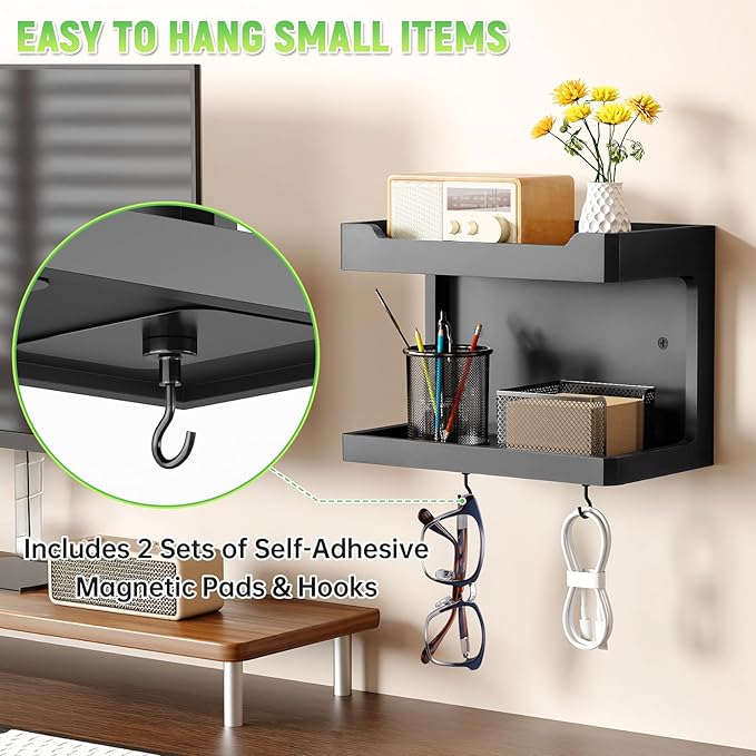 NiHome Large Wall Mounted Wooden Bedside Organizer, Double Storage Shelves & - Image 4