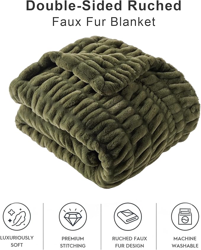 BATTILO HOME Olive Green Faux Fur Throw Blanket - Image 4