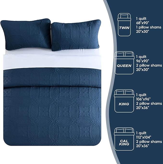 Yiran Navy Blue Quilt Set King Size Lightweight Bedspread Embossed Pattern Soft - Image 7
