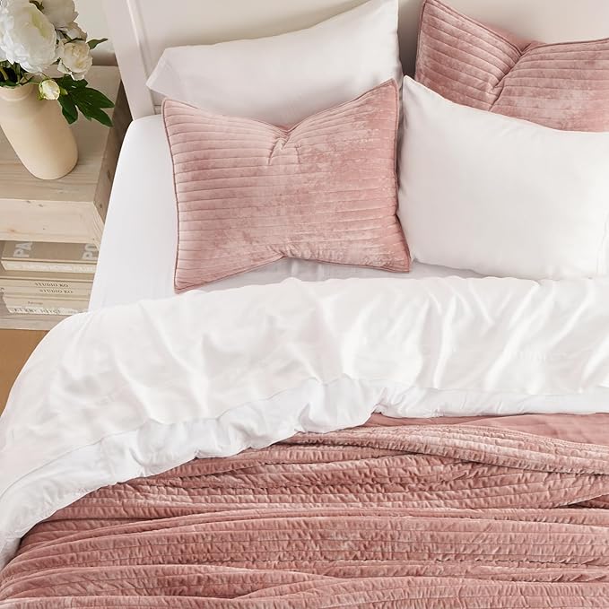 EVERGRACE Velvet Quilt Set Queen Size, Luxurious Soft Striped Channel Bedding - Image 3
