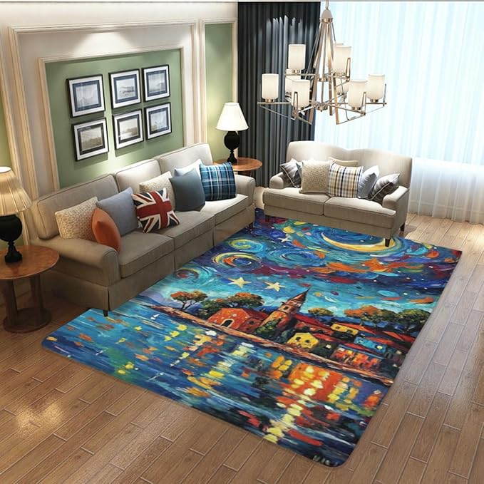 Machine Washable 5' x 8' Seaside Villages and Churches Area Rug, Bule Floor mat - Image 5