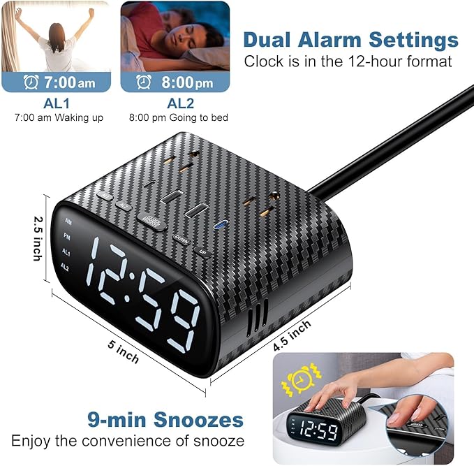 2PCS Alarm Clock with 2 USB-C, 2 USB-A Chargers Power Strip 2 Outlets - Image 4