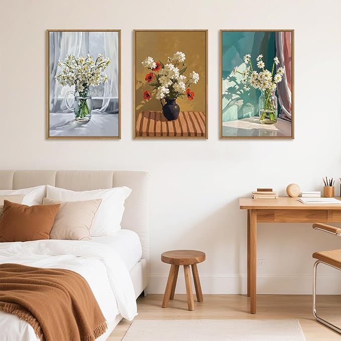 LHIUEM Large Vintage Botanical Floral Framed Canvas Wall Art, Boho White Daisy - Image 5