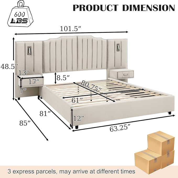 Luxury Queen Bed Frame with Headboard and Storage, Velvet Fabric Upholstered - Image 2