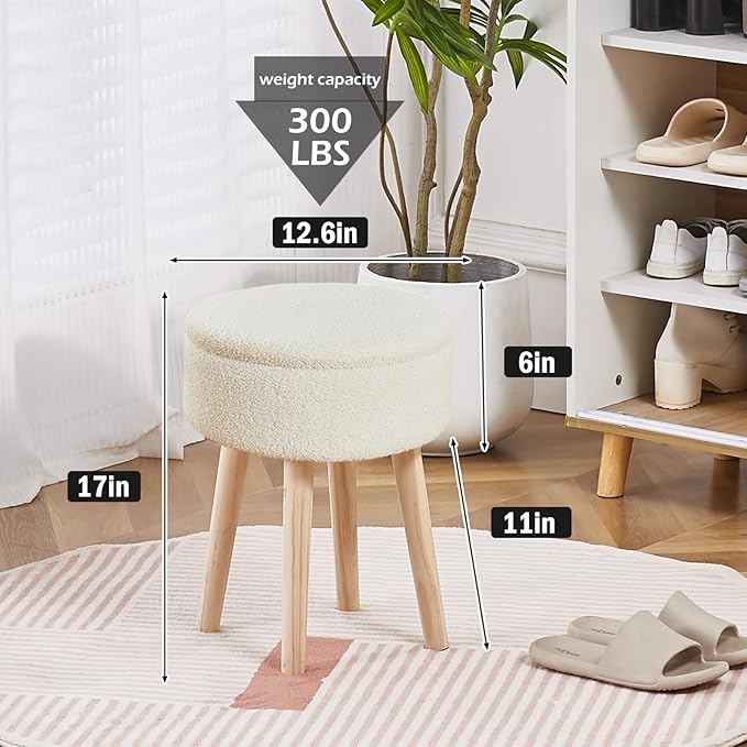 Mxfurhawa Storage Ottoman Foot Stool Teddy Velvet Round Vanity Stool Tray Top - Image 2
