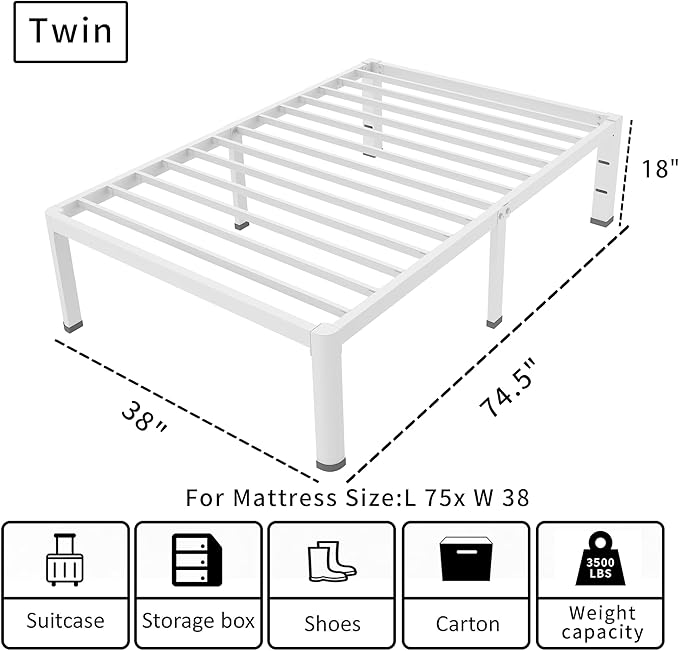 ROIL 18 Inch White Twin Size Bed Frame - Image 2