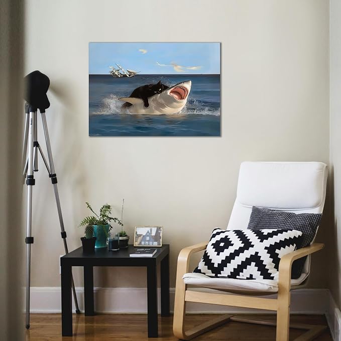 BFKDKG Framed Black Cat Wall Art, Funny Quirky Cat and Shark Pictures Canvas - Image 6