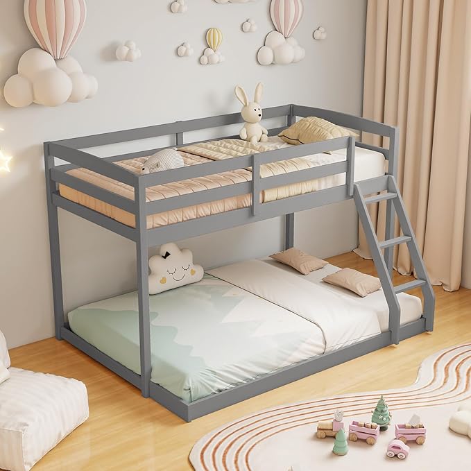 KOMFOTT Low Bunk Bed Twin Over Full, Solid Wood Twin Bed Frame - Image 4