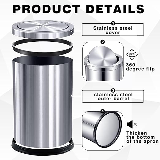 Maxdot 2 Pcs Silver Bathroom Trash Can - Image 3