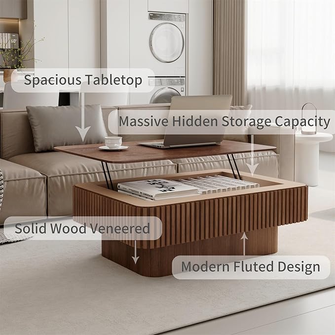 LKTART Lift Top Coffee Table for Living Room, Accent Fluted Coffee Table - Image 5