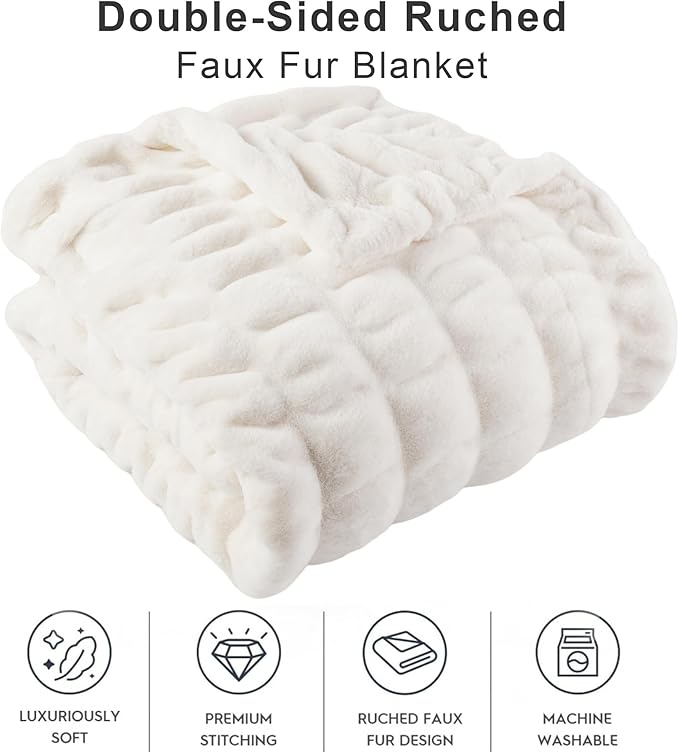 BATTILO HOME Cream Faux Fur Throw Blanket, Double Side Ruched Rabbit Fur Blanket - Image 5