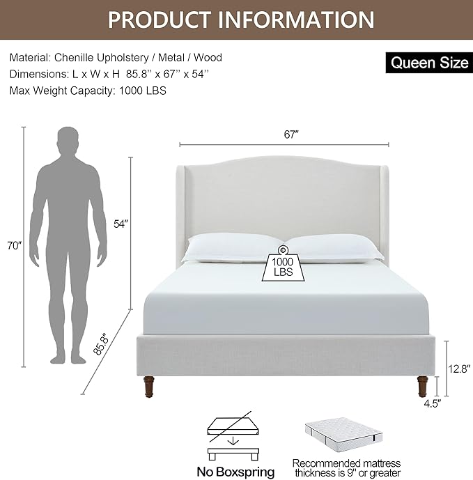 Queen Size Bed Frame with 54" Extra Tall Headboard - Image 2