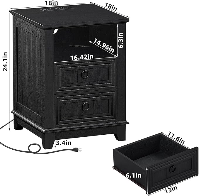 18" Night Stands Set of 2 with Charging Station, Farmhouse 2 Drawers End Table - Image 3