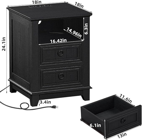 18" Farmhouse Night Stand with Charging Station, 2 Drawers End Table Dresser - Image 2