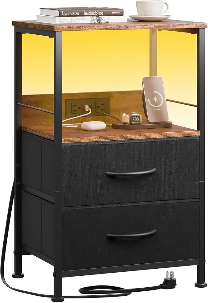 WLIVE Nightstand with Charging Station, LED Night Stand with 2 Fabric Drawers by WLIVE