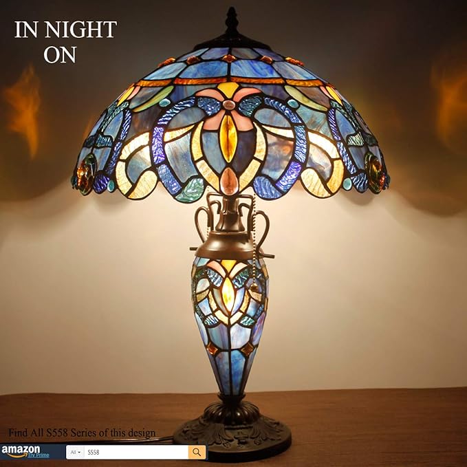 WERFACTORY Tiffany Style Table Lamp Blue Purple Cloudy Stained Glass - Image 4