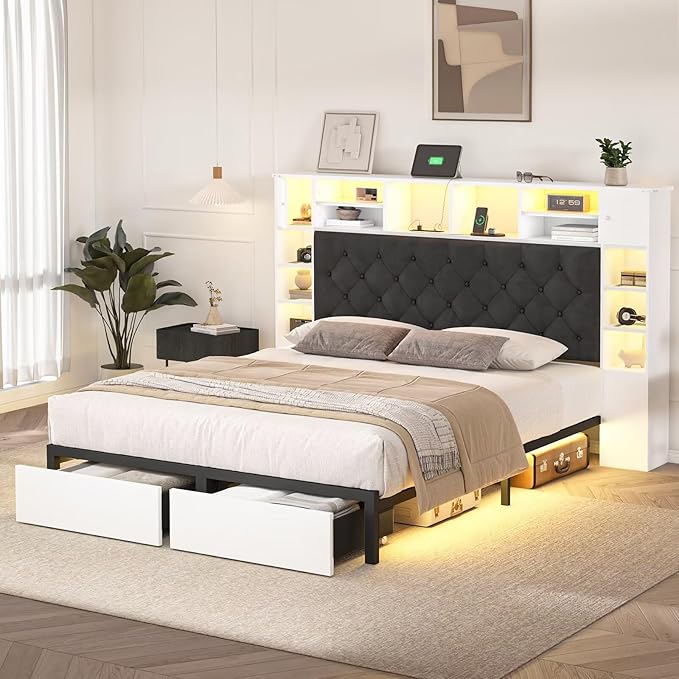 Queen Bed Frame with Bookcase Headboard and Storage Drawers, 51.2" Metal - Image 6