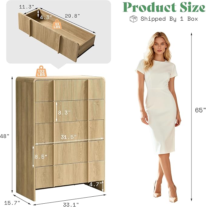 AMERLIFE Fluted 5 Drawer Dresser, Rounded Corners & Anti-Tip Design, Wood - Image 2