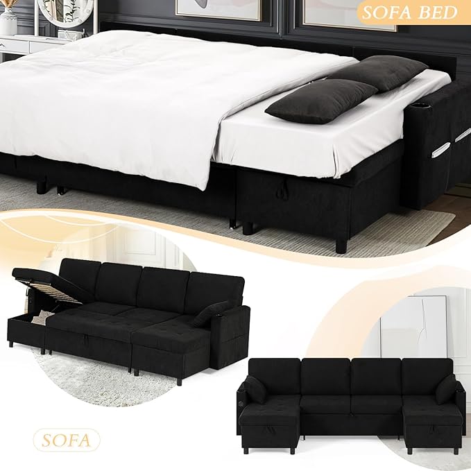 110" Fabric Pull-Out Couch Bed w/Adjustable Backrests, Sectional Sleeper Sofa - Image 6